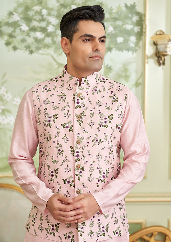 Pink Cherry Silk Kurta Koti Pajama With Multi Thread Work