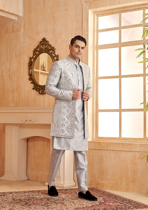 Light Grey Silk Indowestern With Mirror Work