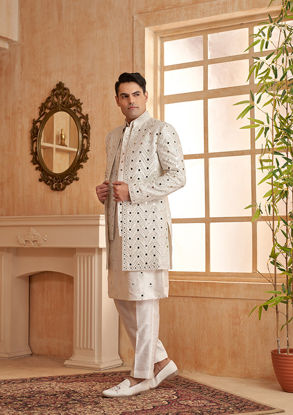 White Silk IndoWestern With Mirror Work