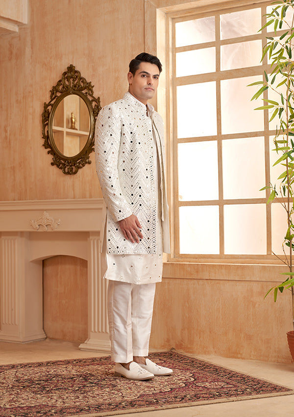 White Silk IndoWestern With Mirror Work