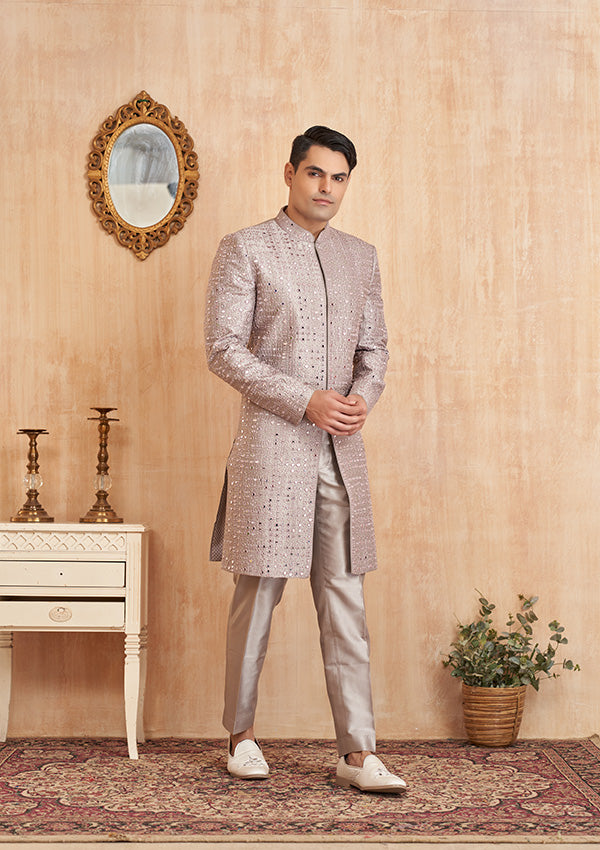 Pink Silk Sherwani With Mirror Work