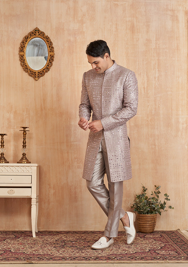 Pink Silk Sherwani With Mirror Work