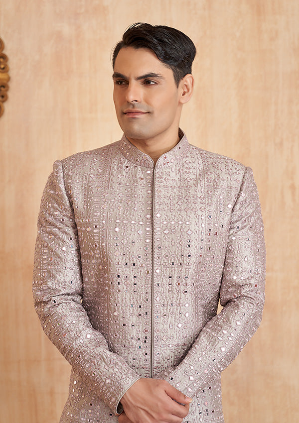 Pink Silk Sherwani With Mirror Work