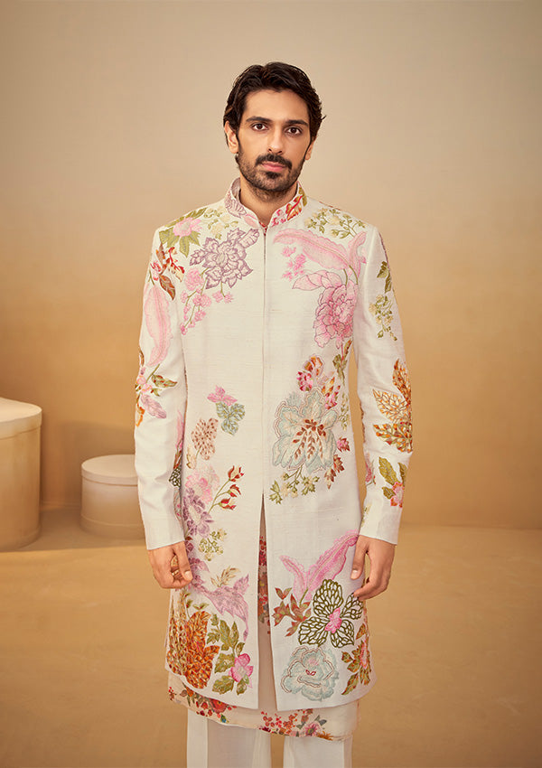 Off White Raw Silk Sherwani with Multi-Color Thread Embroidery