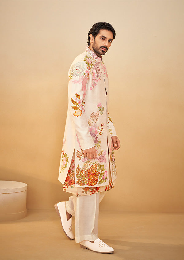 Off White Raw Silk Sherwani with Multi-Color Thread Embroidery