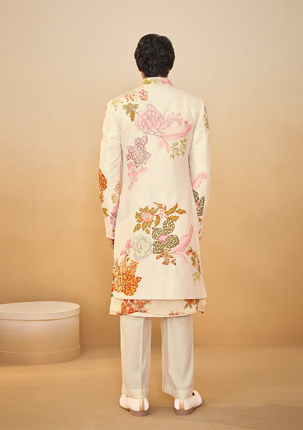 Off White Raw Silk Sherwani with Multi-Color Thread Embroidery