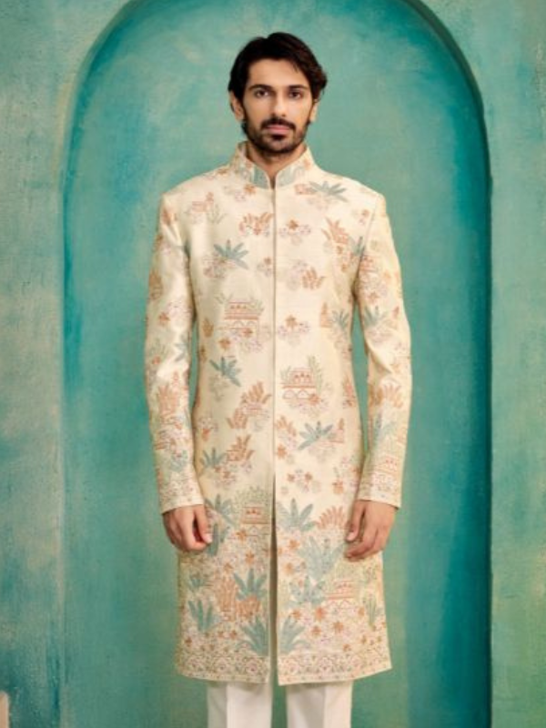 Off White Dupion Silk Sherwani with All-Over Multi-Colour Thread Work