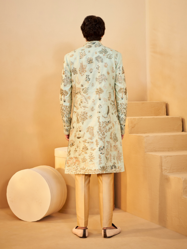 Pista Dupion Silk Sherwani with All-Over Thread Work & Hand Work