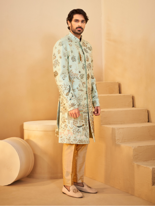 Pista Dupion Silk Sherwani with All-Over Thread Work & Hand Work