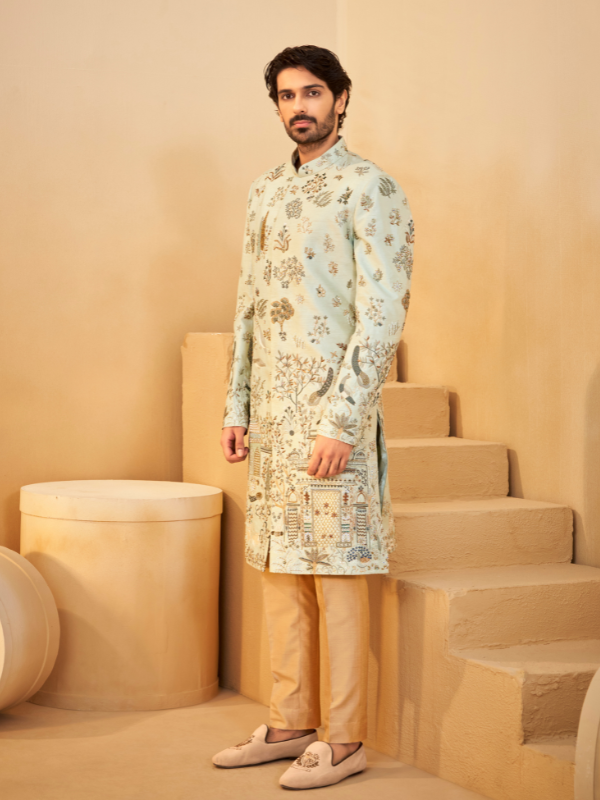 Pista Dupion Silk Sherwani with All-Over Thread Work & Hand Work