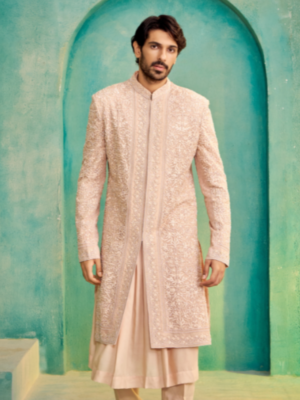 Peach Organza Sherwani with Spun Silk Kurta and Modal Satin Shawl, All-Over Embroidery