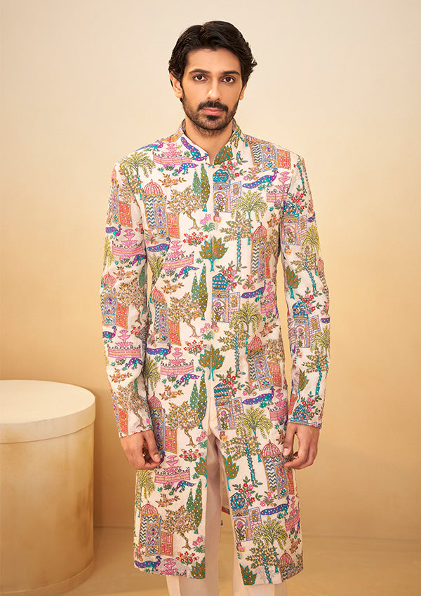 Beige Organza Sherwani with All-Over Multi-Color Thread Work