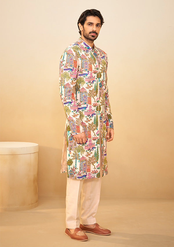 Beige Organza Sherwani with All-Over Multi-Color Thread Work