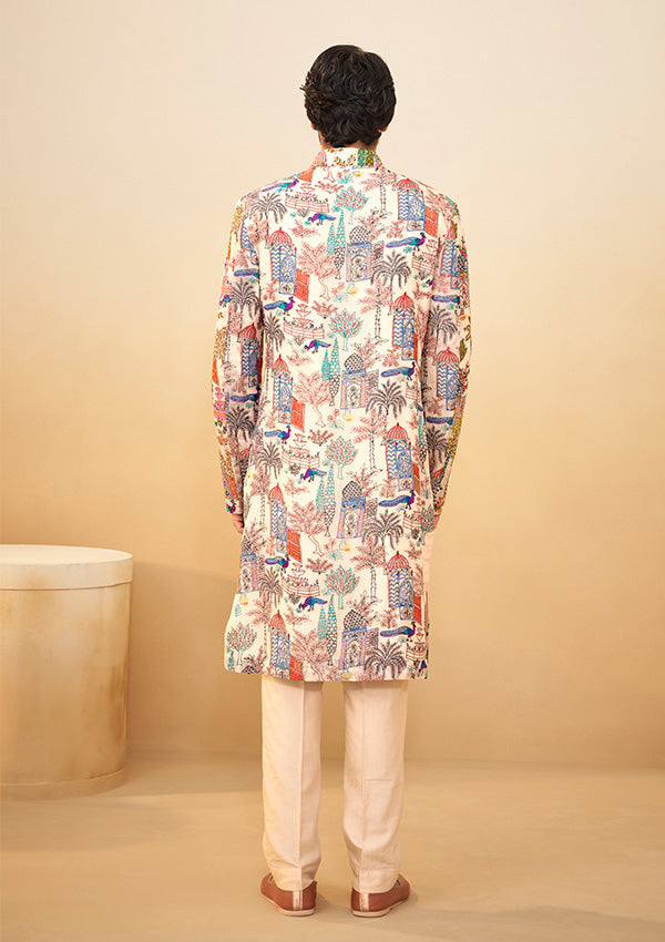 Beige Organza Sherwani with All-Over Multi-Color Thread Work