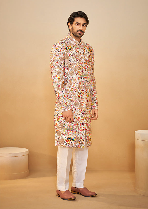 Cream Raw Silk Sherwani with All-Over Multi-Color Thread & Rose Gold Zardozi Work