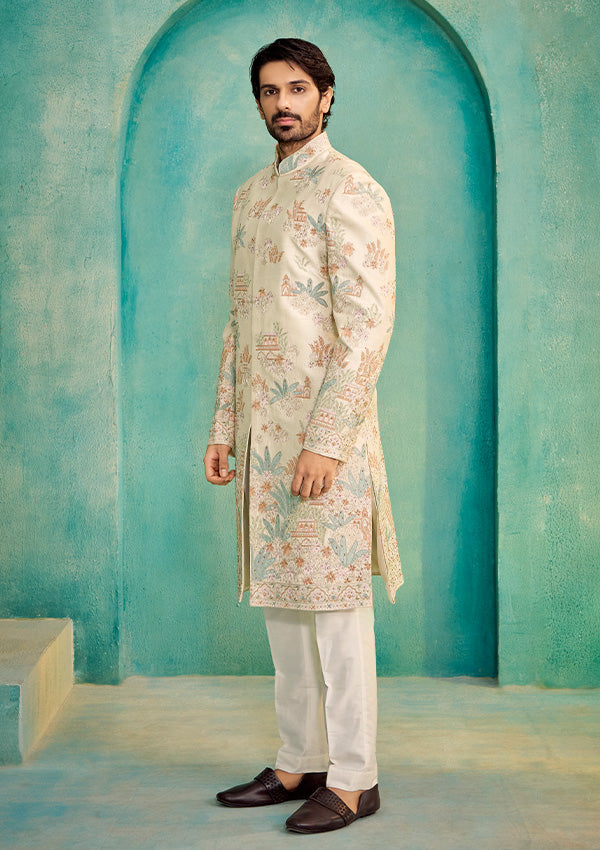 Off White Dupion Silk Sherwani with All-Over Multi-Colour Thread Work