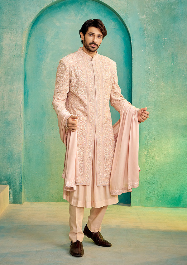 Peach Organza Sherwani with Spun Silk Kurta and Modal Satin Shawl, All-Over Embroidery