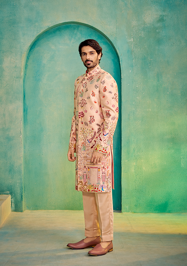 Peach Raw Silk Sherwani with All-Over Multi-Colour Thread Work