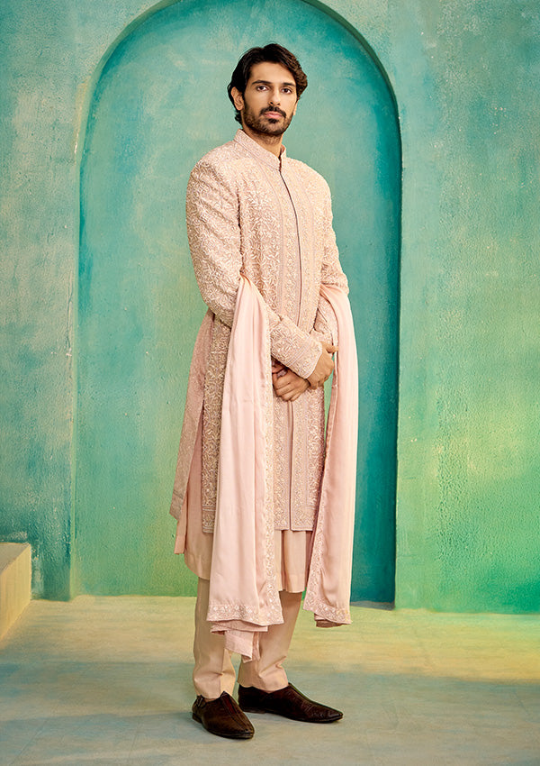 Peach Organza Sherwani with Spun Silk Kurta and Modal Satin Shawl, All-Over Embroidery
