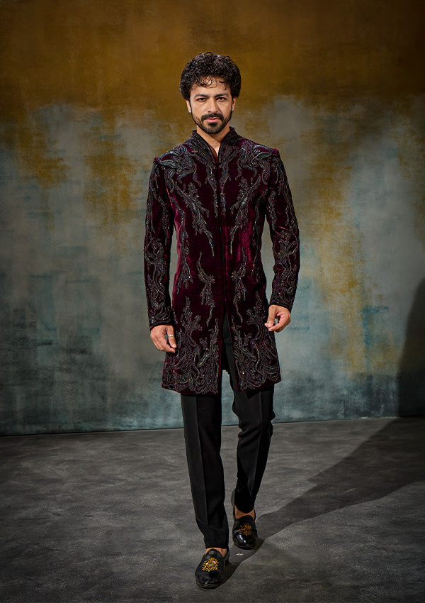 Wine Velvet Indo Western with Appliqué & Cutdana Work