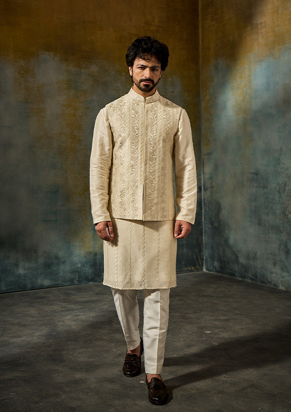 Light Gold Organza Kurta Pajama with All-Over Machine Work Koti