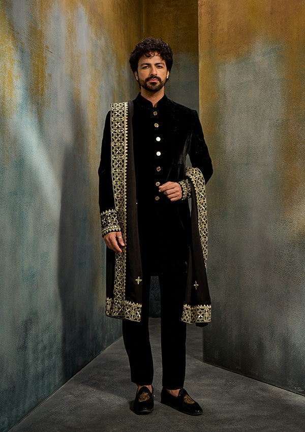 Black Shiny Velvet Indo Western with Mirror & Gold Kasab Work
