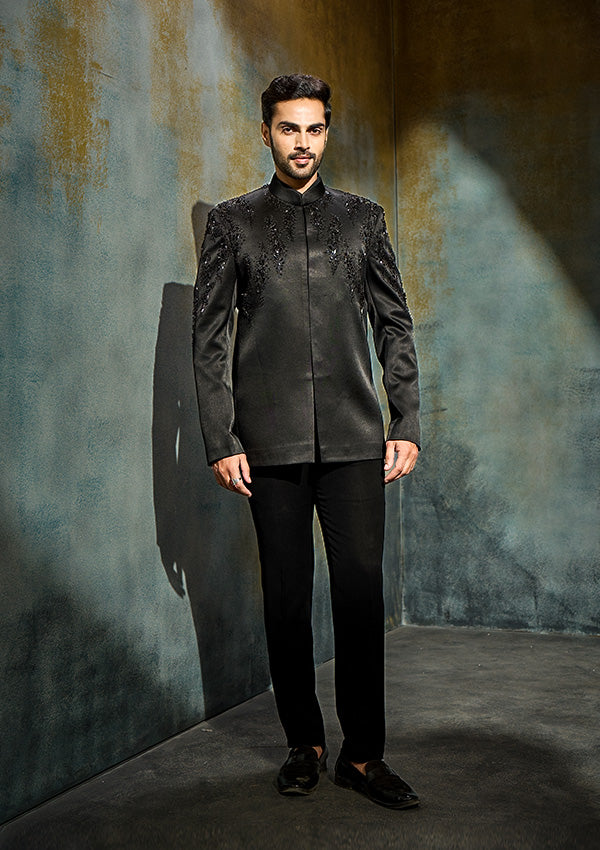 Black Poly Viscose Jodhpuri with Cutdana, Moti, Pearl & Bead Work
