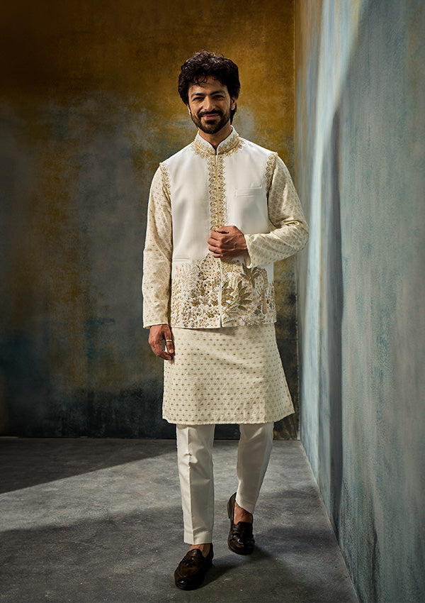 Off White Buti Kurta Pajama with Linen Satin Koti & Zardozi Work