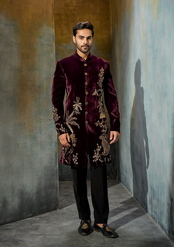 Wine Velvet Indo Western with Pita Kasab Work