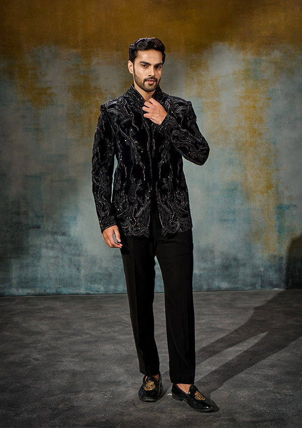 Black Velvet Suit with Appliqué & Cutdana Work