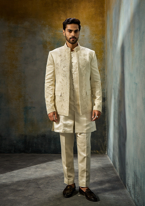 Light Gold Tissue Silk Jodhpuri Kurta Pajama with Moti & Threadwork