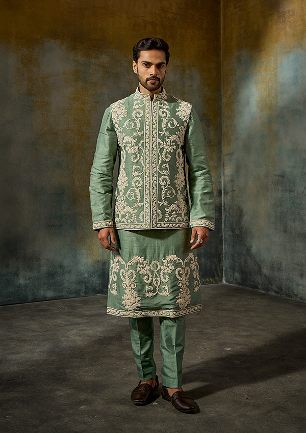 Green Dipone Raw Silk Kurta Pajama with Dori & Moti Work Koti