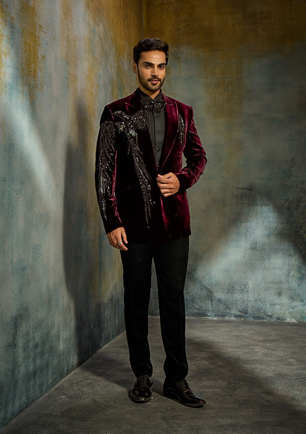 Wine Velvet Suit with Salli & Cut Diamond Work