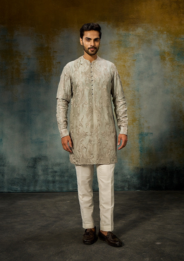 Greyish Green Dupion Raw Silk Kurta Pajama with All-Over Threadwork