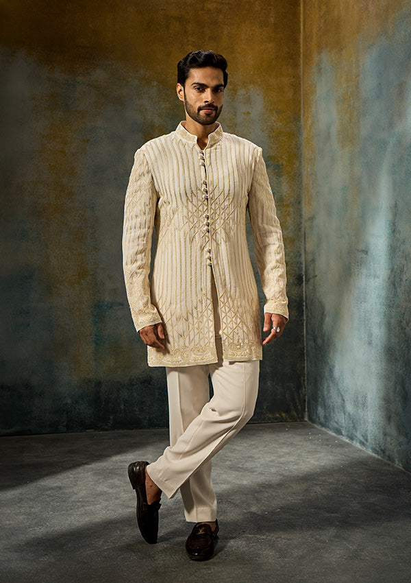 Off White Georgette Indo Western with All-Over Threadwork