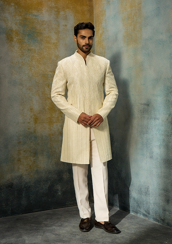 Ivory Raw Silk Sherwani Pajama with All-Over Pearl Moti Work