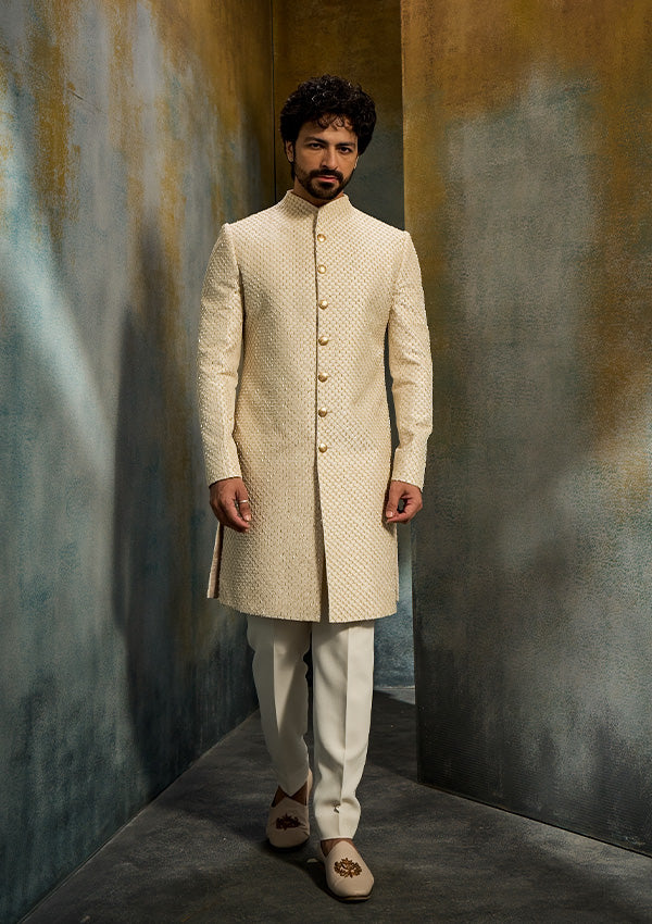 Cream Raw Silk Sherwani Pajama with Criss-Cross Zardozi & Moti Work
