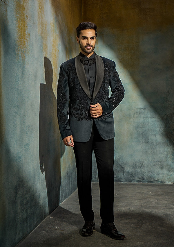 Grey Suede Velvet Suit with Cutdana & Moti Work