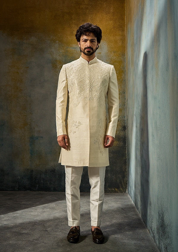 Off White Raw Silk Sherwani Pajama with All-Over Cutdana Work