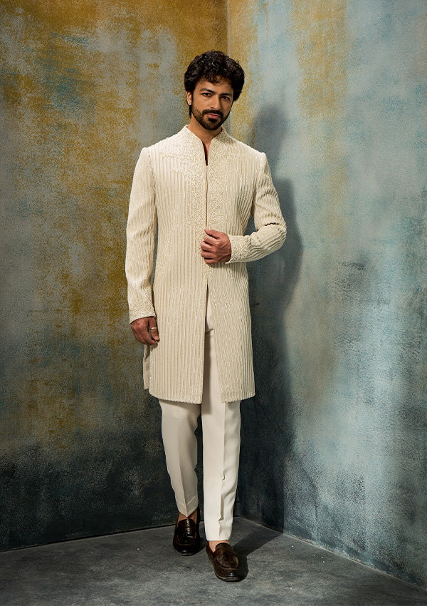 Ivory Raw Silk Sherwani Pajama with Tonal Embroidery & Moti Work