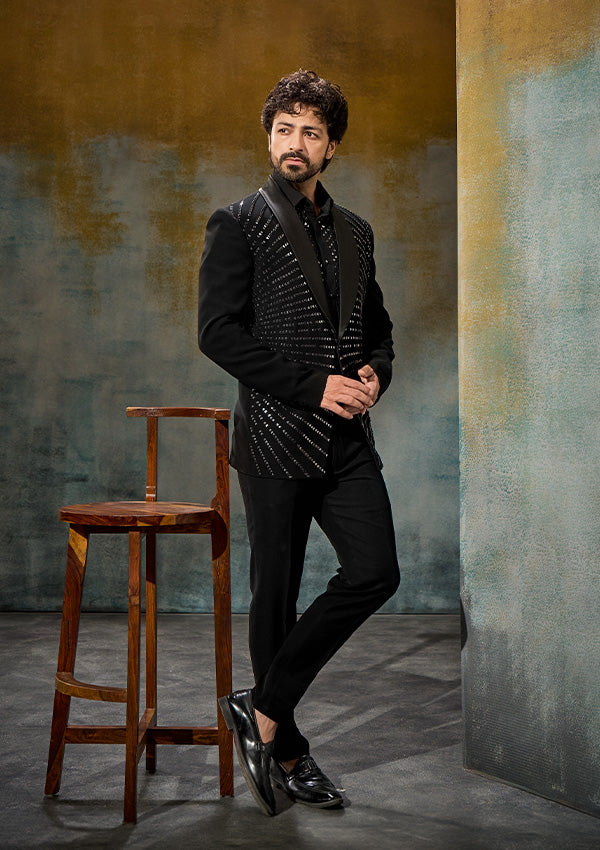 Black Poly Viscose Tuxedo with Gunmetal Work