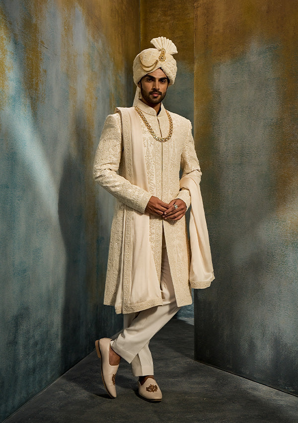 Off White Raw Silk Sherwani with Modal Satin Shawl & Moti Work