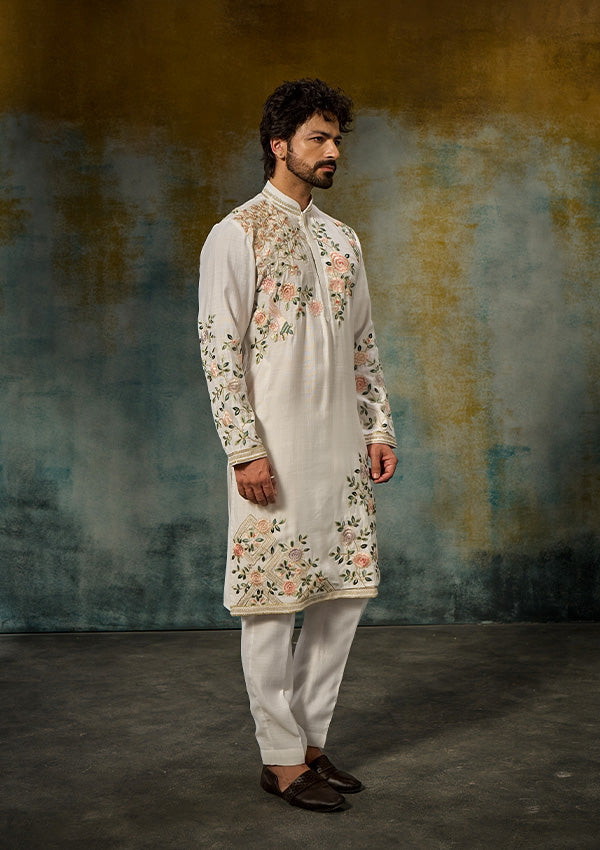 Off White Premium Silk Kurta Pajama with Multicolour Threadwork