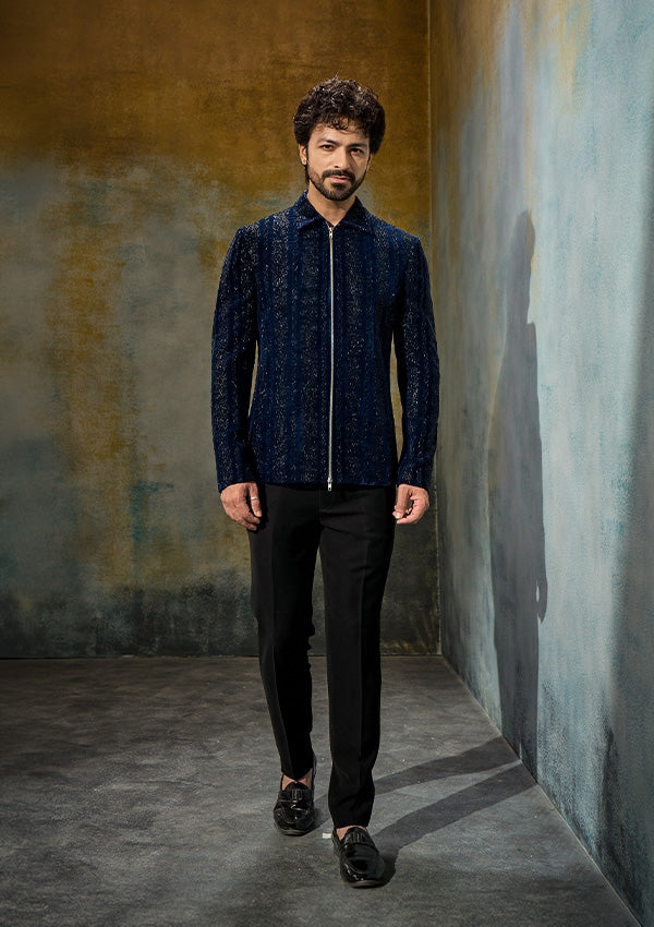 Turquoise Blue Satin Finish Jacket with All-Over Cut Moti Work