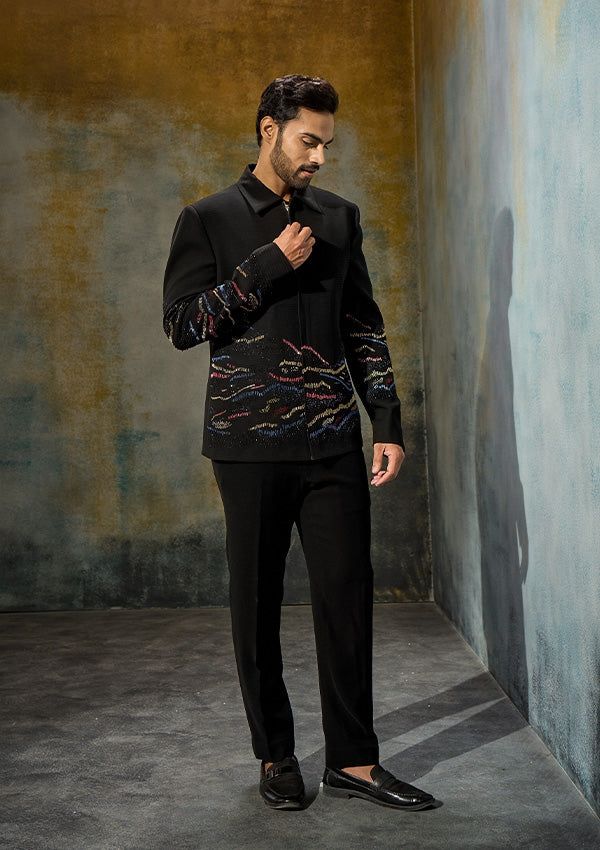 Black Poly Viscose Blazer with Coloured Cutdana & Beadwork