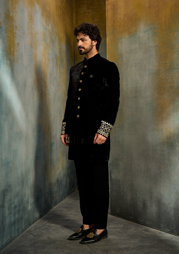 Black Shiny Velvet Indo Western with Mirror & Gold Kasab Work