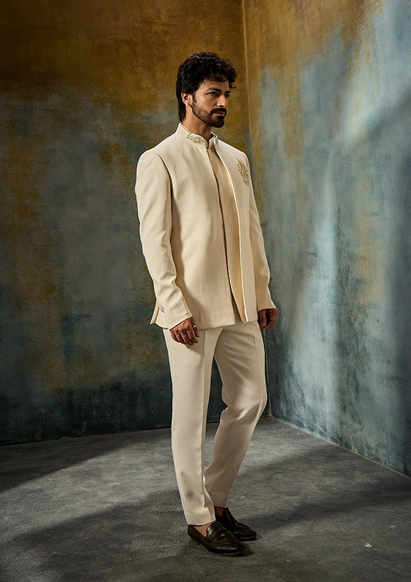 Off White Poly Viscose Jodhpuri & Vest with Motif Detailing