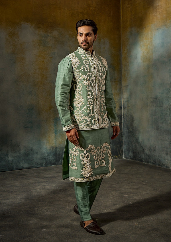 Green Dipone Raw Silk Kurta Pajama with Dori & Moti Work Koti