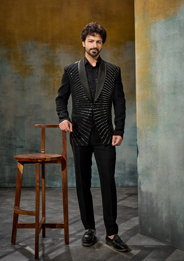Black Poly Viscose Tuxedo with Gunmetal Work