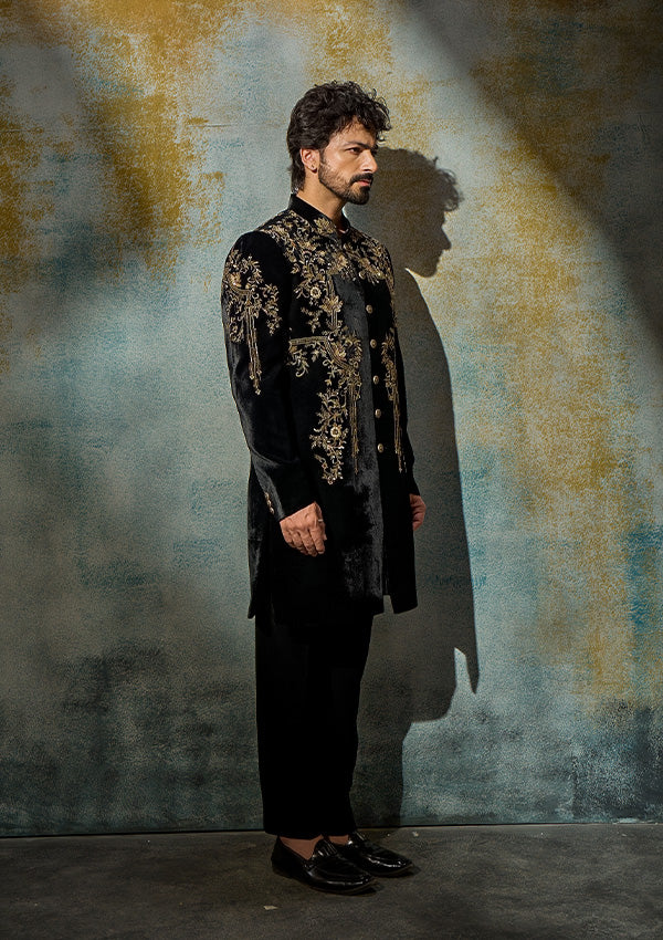 Black Velvet Sherwani Pajama with Zardozi & Kasab Work